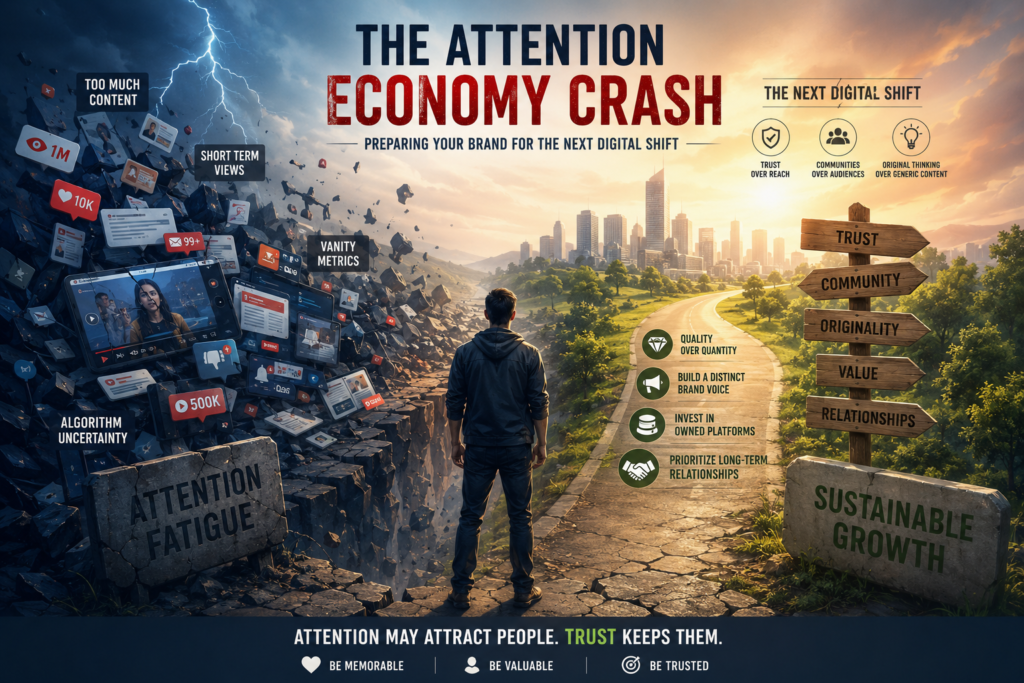 Attention Economy Crash illustrating content overload, digital marketing challenges, consumer attention fatigue, and the future of brand growth online